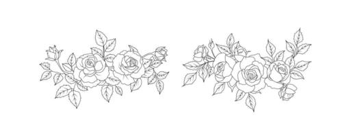 Rose flower arrangement line art on white background. Silhouette roses botanical hand drawn element for wedding, invitation frame design illustration vector