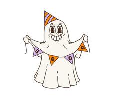 Retro groovy Halloween ghost with party hat, flags vector