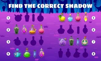 Halloween kids game, find a potion bottles shadow vector