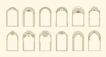 Art deco arch frames, gold line pattern borders vector