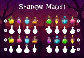 Halloween shadow match game, witch potion bottles vector