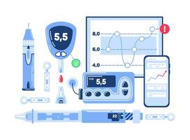A set of insulin gadgets for diabetics. insulin pump, pen injector, glucometer, lancet, Independent glucose monitoring system, application on the phone. Endocrinology system disease. vector