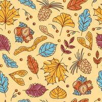 Seamless pattern of autumn leaf, nuts and seeds. Maple and rowan, ginkgo biloba, Codiaeum, lilac, linden and oak, elm and poplar. Acorns, cedar cone, hazelnuts, maple lionfish seeds. Sketch style. vector
