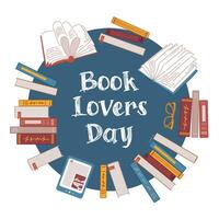 Book Lovers day, club. Round frame made of books. Stacks of textbooks, e-book, glasses. Concept for lovers of reading. illustration in doodle style. For banner, website vector