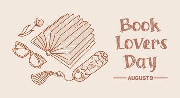Open book with heart-shaped pages, glasses and a flower. Bookmark with ethnic pattern and silk tassel. Concept for lovers of reading. Doodle style. For postcards, posters, web design, library. vector