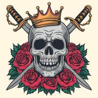 man skull with crown and rose flower and sword illustration vector