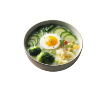 Bowl of soup with an egg and vegetables isolated from background png