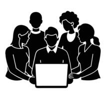 Diverse Group Discussing Around Laptop Silhouette vector