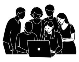 Diverse Group Discussing Around Laptop Silhouette vector
