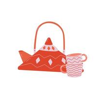 Beautiful orange teapot with mugs on white background. vector