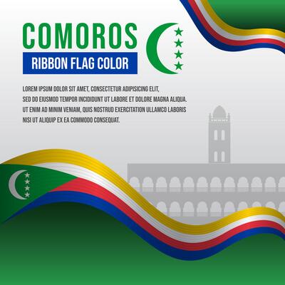 Comoros ribbon flag with Mssihiri wa Cheik Ahmed Mosque silhouette and decoration