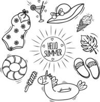 Hello Summer background template. Greeting Hello, summer with black and white beach elements in the form of a hat, ice cream, swimsuit, starfish, sunglasses, unicorn, slippers.Banner,background. illustration vector