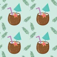 Summer seamless pattern with hand-drawn coconut cocktail and palm leaves. Vintage background with drinks, coconuts, palm leaves and lemons for textiles, wrapping paper, menus. vector