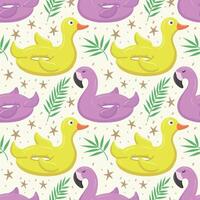 Seamless pattern with pink flamingo and yellow duck. A float for the pool. Inflatable colorful ducks and flamingos. A swimming circle. template for your summer beach design vector