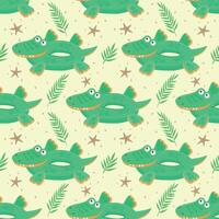 An exotic pattern with a swimming circle with crocodiles and palm leaves. Seamless swimming circle wallpaper with crocodiles, palm leaves and starfish. seamless marine pattern. illustration vector