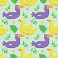 Seamless pattern with purple toucan and yellow duck. A float for the pool. Inflatable colorful ducks and toucans. A swimming circle. template for your summer beach design vector