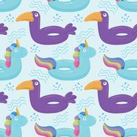 Seamless pattern with blue inflatable unicorn and purple toucan. A float for the pool. Inflatable colorful unicorns and cockatoos. A swimming circle. template for your summer beach design vector