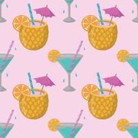 Summer seamless pattern with hand-drawn alcoholic cocktails. Vintage background with drinks, pineapples, martinis on pink background for textiles, wrapping paper, menu vector