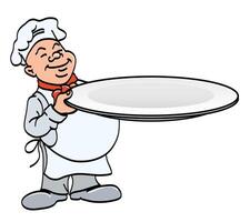 cook with a plate - chef holding a big empty tray, cartoon color illustration, on a white background vector