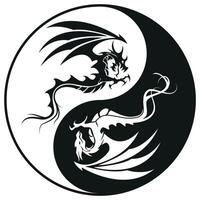 Dragons in Yin and yang circle - Dragon symbol tattoo, black and white illustration, isolated on white background vector