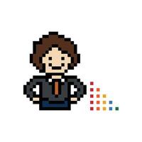 Cute pixel cartoon 8bit character business man businessman smart game for decoration business 8 bit male career smart character game. vector