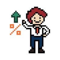 Cute pixel cartoon 8bit character business man businessman smart game for decoration business 8 bit male career smart character game. vector