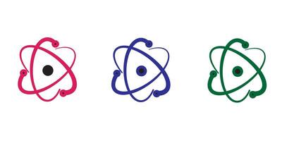 Atom molecule icon. Molecular science, set of electron and neutron for scientific research with three color vector