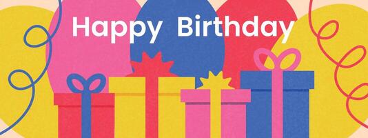 Horizontal Happy Birthday banner with balloons and gifts. vector