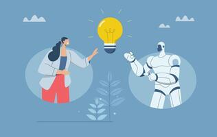 Analysis of ideas to solve and improve businesses, Collaboration of personnel with artificial intelligence or AI, Development of new innovative products. Businesswoman shares ideas with robot. vector