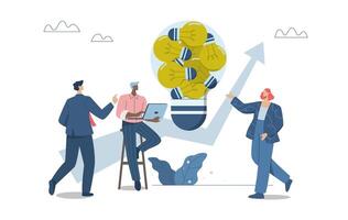 Gathering of team ideas into one, Screening or filtering good employee ideas, Creative brainstorming, Team meeting and setting goals to collect all ideas, design illustration. vector