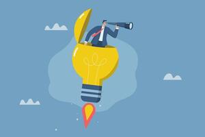 Businessman turns on a light bulb and uses binoculars at height. Visionary leader, Searching for new business ideas, Discovering new solutions, Vision in search of new ideas, illustration. vector