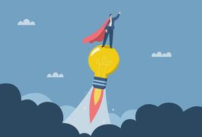 Ideas soar towards goals, Discovering new things that make a business successful, Creative ideas promote business to reach its goals, Businessman stands on a soaring light bulb. illustration. vector