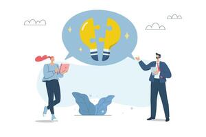 Collaborative idea generation to solve problems, Creative brainstorming, Assembling great business ideas, Business team putting together a jigsaw puzzle of ideas, design illustration. vector