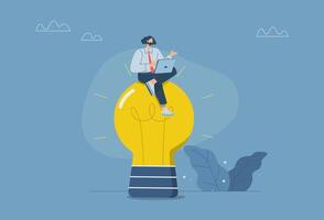 Creating problem solving ideas, Leader using creativity to solve work problems for a company or organization, Businessman sitting and working on a big light bulb, design illustration. vector