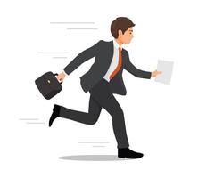 Young businessman with briefcase and paper running in hurry rushing to office vector