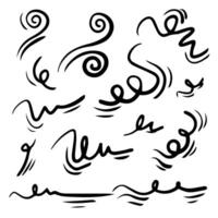 Doodle wind line sketch set. Hand drawn doodle wind movement, air blowing, vortex elements. Sketch of air blowing movement, abstract lines. vector
