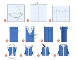 Sweater origami scheme tutorial moving model. Origami garment for kids. Step by step how to make paper cardigan. illustration. vector