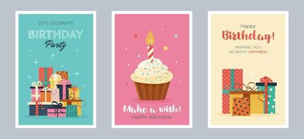 Set of Happy Birthday greeting cards or party invitations. isolated multicolored flat illustrations. postcards with various gift boxes and cupcake. Layered templates. Invitation concept. vector