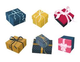 Bundle of gift boxes. Festive boxes in various shapes, patterns, with bows and ribbons. Isolated illustrations on white for happy birthday, wedding, Valentine's Day, Christmas, New Year designs vector