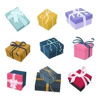 Bundle of gift boxes. Festive boxes in various shapes, patterns, with bows and ribbons. Isolated illustrations on white for happy birthday, wedding, Valentine's Day, Christmas, New Year designs vector