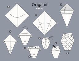 Grape origami scheme tutorial moving model. Origami berry for kids. Step by step how to make paper fruit. illustration. vector
