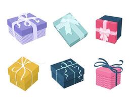 Bundle of gift boxes. Festive boxes in various shapes, patterns, with bows and ribbons. Isolated illustrations on white for happy birthday, wedding, Valentine's Day, Christmas, New Year designs vector