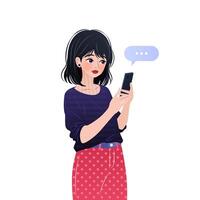 Young woman is standing and using her smartphone. Character is holding a mobile phone in her hands, surfing internet and chatting. isolated illustration on white background. vector