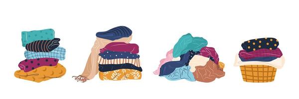 Stack of clean, ironed and dirty items of clothing. Set of folded multicolored clothes, apparel and garments, including sweaters, plaid, shirts, blanket. Isolated illustrations on white. vector