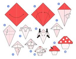 Mushroom origami scheme tutorial moving model. Origami for kids. Step by step how to make paper fly agaric. illustration. vector