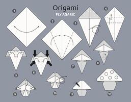 Mushroom origami scheme tutorial moving model. Origami for kids. Step by step how to make paper fly agaric. illustration. vector