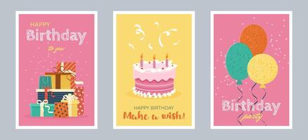 Set of Happy Birthday greeting cards or party invitations. isolated multicolored flat illustrations. Postcards with various gift boxes, cake, balloons. Layered templates. Invitation concept. vector