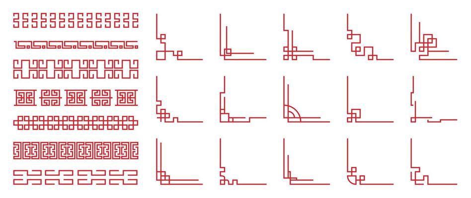 Chinese frame corner ornament set. Traditional decorative elements with line, corner, frame, header, pattern. Illustration of elegant design suitable for card, invitation, poster, cover.