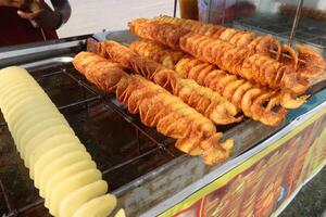 Spiral Fried and raw Potato with stick photo
