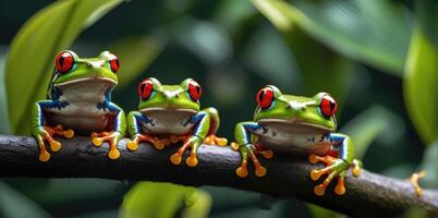 wildlife of frogs perched on rocks and trees in the forest photo